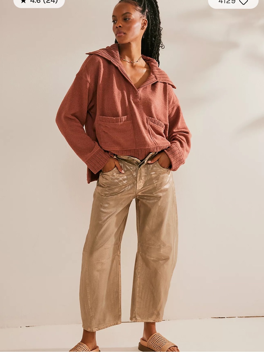 Free People Beach Grace Pullover Sweater Chutney Rust Collared Pocket NWOT S - Picture 2 of 6